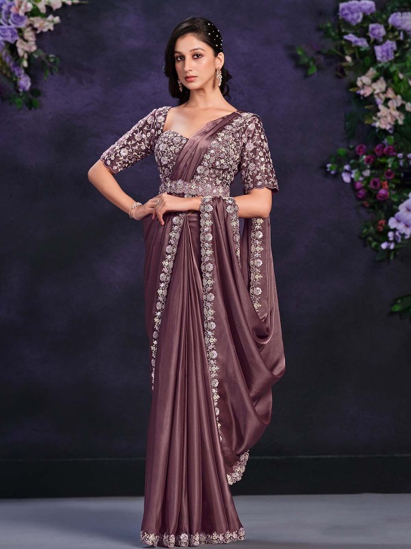 Dusty Rose Crepe Satin Silk Ready To Wear Saree